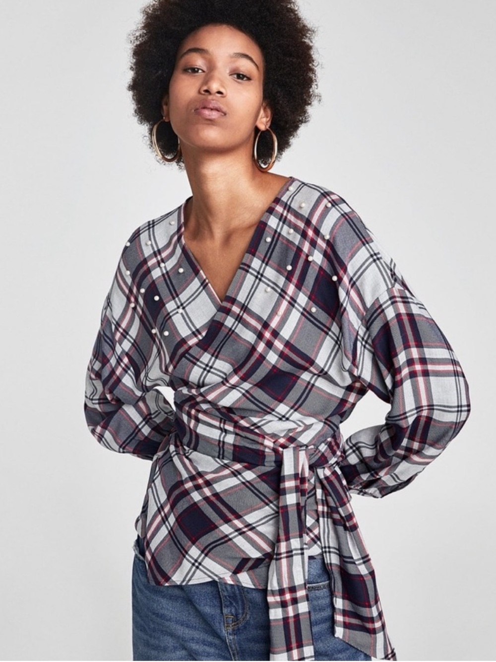 Zara Basic Plaid Wrap Top Pearl Studded Long Sleeve Size M